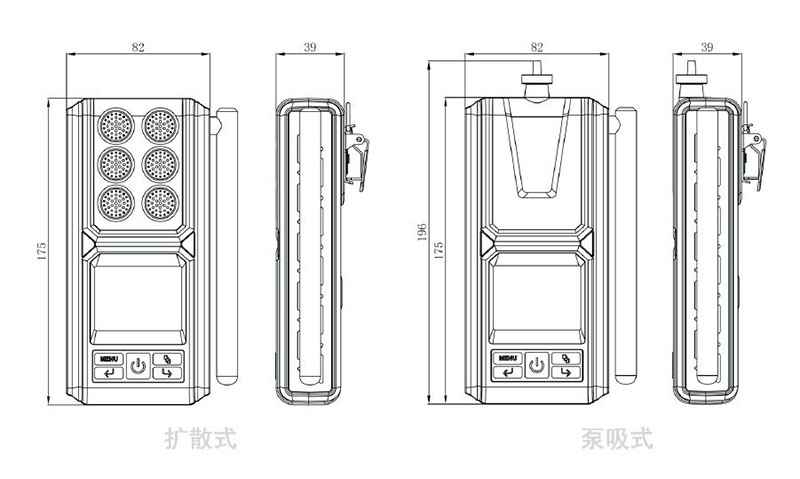 便攜式六合一氣體檢測儀產品尺寸示意圖